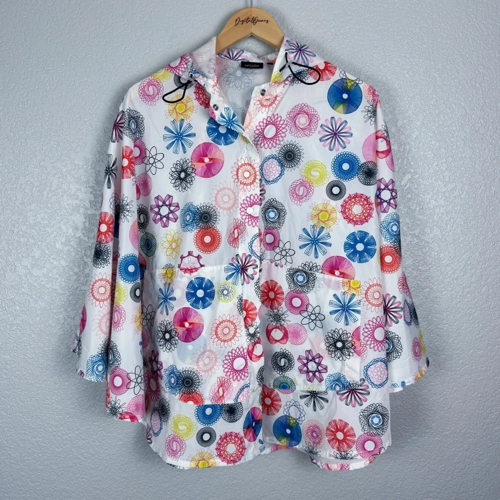 Kate Spade Saturday Hooded Geometric Rain Poncho Cape Colorful White Pink OS